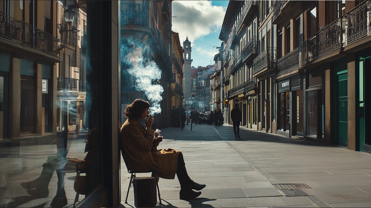 Mujer fumando en las calles de Lugo.